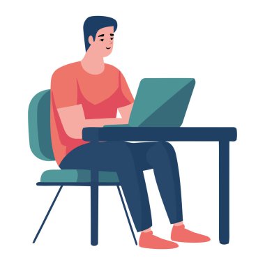 İş adamı masada oturuyor, dizüstü bilgisayar simgesi üzerinde çalışıyor.