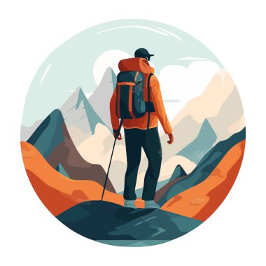 Man hiking mountain with backpack icon isolated clipart