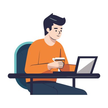 Başarılı bir iş adamı, dizüstü bilgisayar simgesini izole ederek masada oturuyor.