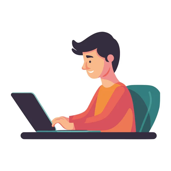 Sorrindo Homem Sentado Mesa Digitação Ícone Laptop Isolado — Vetor de Stock