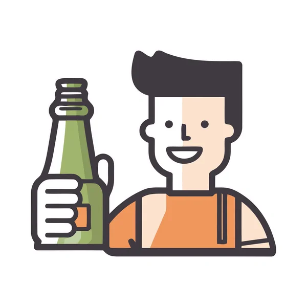 微笑的男人喜欢孤立的啤酒瓶图标 — 图库矢量图片