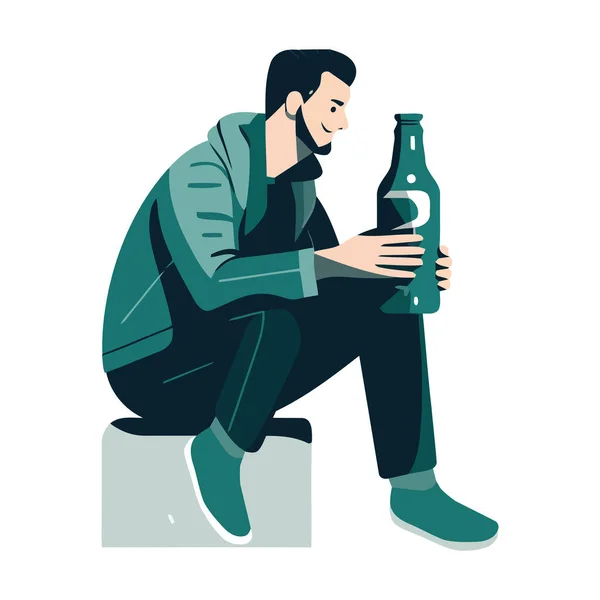 Один Человек Сидящий Иконой Бутылки Пива — стоковый вектор