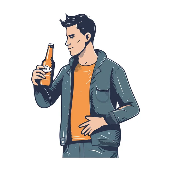 一个快乐的男人把啤酒瓶隔离起来 — 图库矢量图片