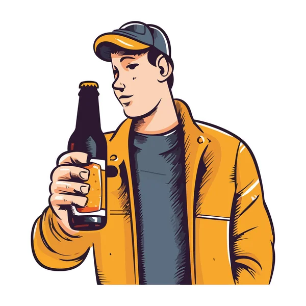 Один Человек Держит Бутылку Пива Весело Улыбаясь Икона Изолирована — стоковый вектор