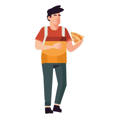 Aç çocuk beyazın üstünde pizza yiyor.