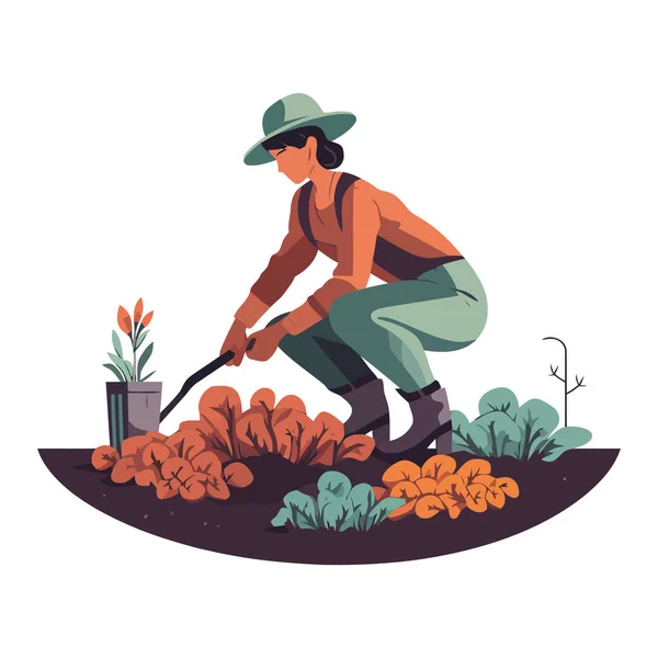 Uma Pessoa Trabalhando Livre Plantando Legumes Sobre Branco — Vetor de Stock