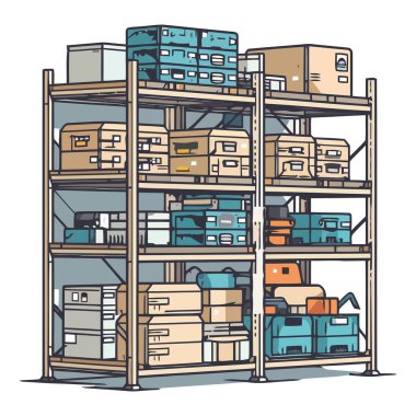 Bir raf dolusu kutu beyazın üzerinde.