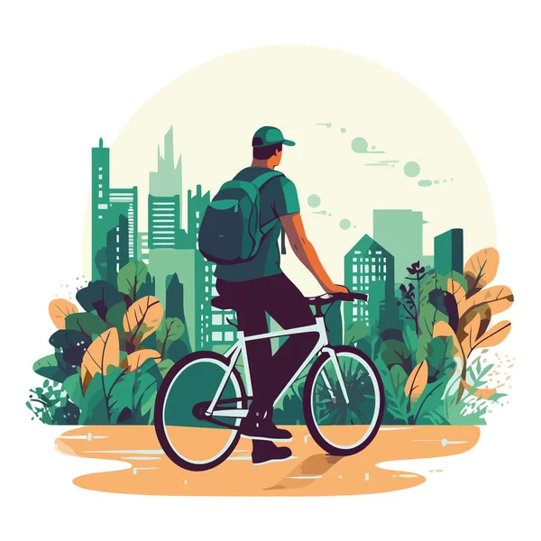Ποδηλασία Άνθρωπος Εξωτερικούς Χώρους Στο Αστικό Τοπίο Πάνω Από Λευκό — Διανυσματικό Αρχείο
