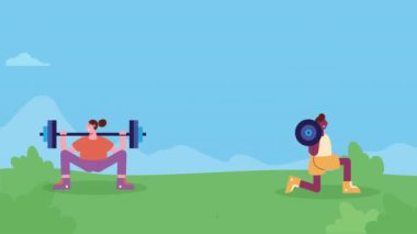 Animasyon antrenmanı yapan ırklar arası sporcular 4k video animasyonu yapıyorlar.