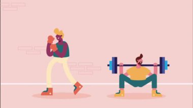 Erkek sporcular egzersiz karakterlerini canlandırıyor. 4k video animasyonu.