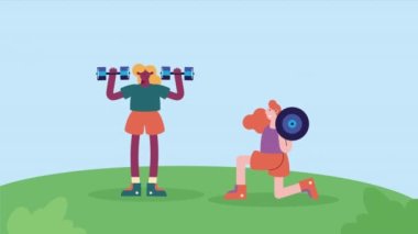 Kadın sporcular egzersiz sahnesi animasyon 4k video animasyonu yapıyorlar.
