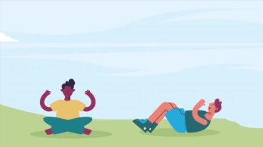 Erkek sporcular egzersiz karakterlerini canlandırıyor. 4k video animasyonu.