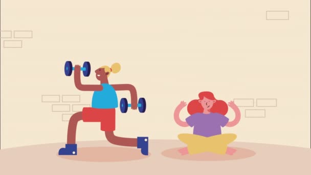 Женщины Спортсменки Практикуют Анимацию Персонажей Упражнений Видео Анимации — стоковое видео