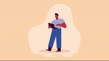 Adam dizüstü bilgisayar animasyonu kullanarak ayakta duruyor 4k video animasyonu