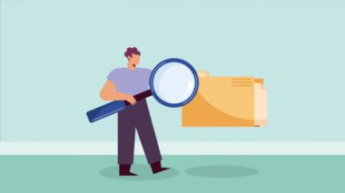 Büyüteç animasyonlu erkek işçi 4k video animasyonu