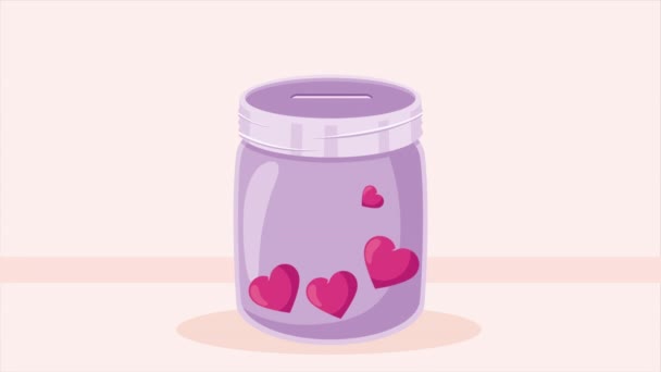 Caridade Doações Jar Com Corações Animação Vídeo Animado — Vídeo de Stock