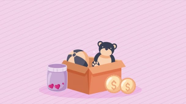 Juguetes Las Donaciones Caridad Animación Caja Video Animado — Vídeo de stock