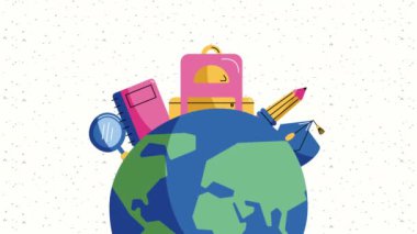 Dünya Gezegeni animasyonundaki okul malzemeleri 4k video animasyonu