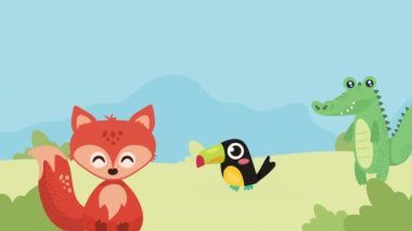 Toucan ve timsah animasyonlu tilki 4k video animasyonu