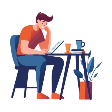 İşadamı masasında oturmuş, ikon okunuyor.