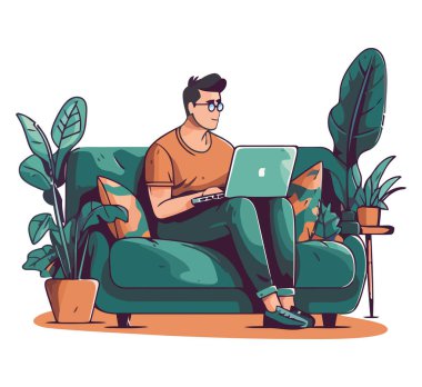 Kanepede oturan iş adamı, dizüstü bilgisayar ikonu üzerinde çalışıyor.