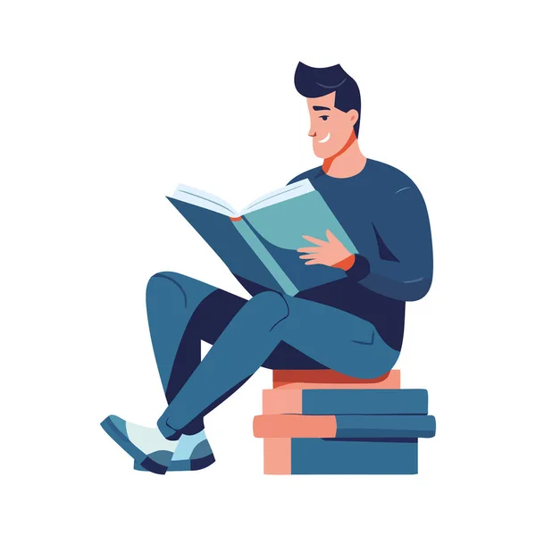 Muž Studující Literaturu Knihovně Čtení Učebnic Ikona Izolované — Stockový vektor