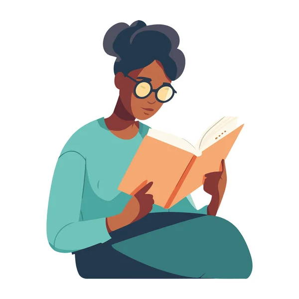 Woman Eyeglasses Reading Book Icon Isolated — Stock Vector