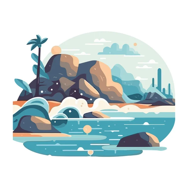 Тропический Пляж Морской Пейзаж Закате Икона Изолированы — стоковый вектор