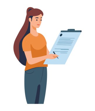 Başarılı iş kadını elinde bir pano tutuyor, simge üzerinde çalışıyor