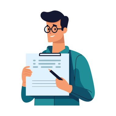 Elinde pano ve kalem gülümseyen ikon tutan işadamı izole edildi