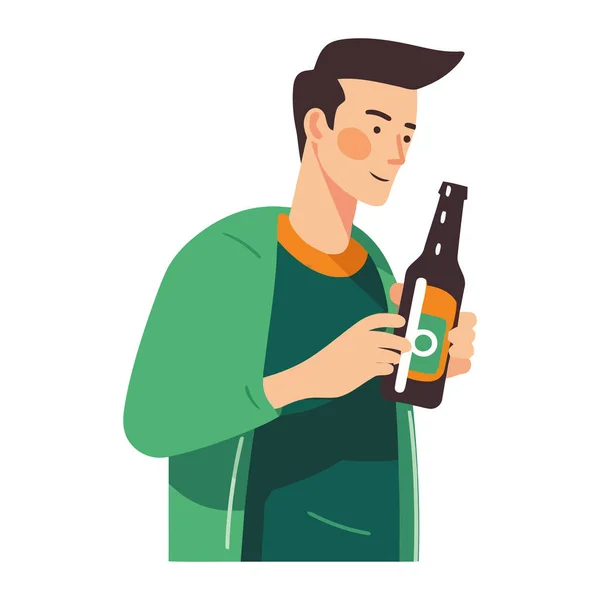 Улыбающийся Взрослый Держит Значок Бутылки Пива Изолирован — стоковый вектор