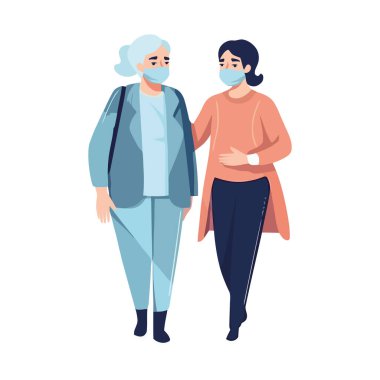 Gülümseyen aile birlikte yürüyor, koruyucu maske simgesi izole edilmiş
