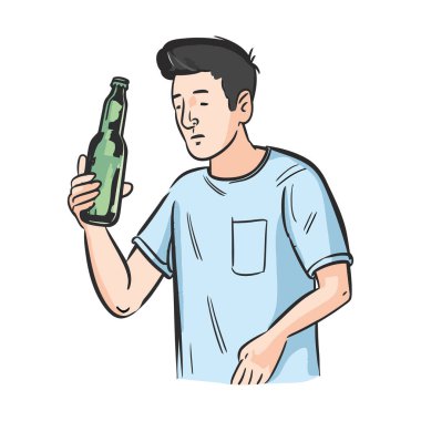 Bir kişi bira şişesi tutuyor, içecek ikonu içiyor.