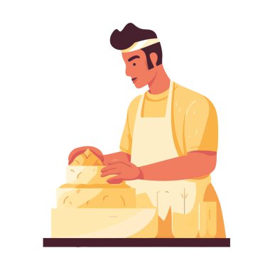 Bir kişi ayakta, gülümsüyor, taze ekmek ikonu pişiriyor.