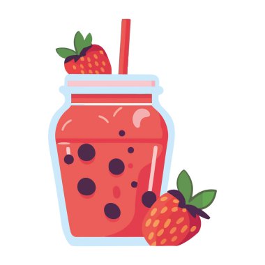 Tatlı bir karikatür kavanozunda sulu çilek kokteyli izole edilmiş.