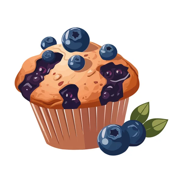 Muffin Aux Bleuets Frais Avec Icône Glaçage Chocolat Crémeux Isolé — Image vectorielle
