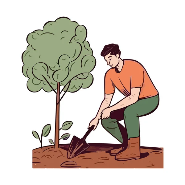 Hombre Trabajando Plantación Crecimiento Con Jardinería Pala Icono Aislado — Vector de stock