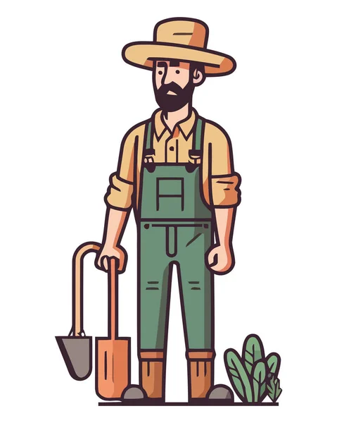 Farmer His Shovel Works Outdoors Isolated — Stock Vector