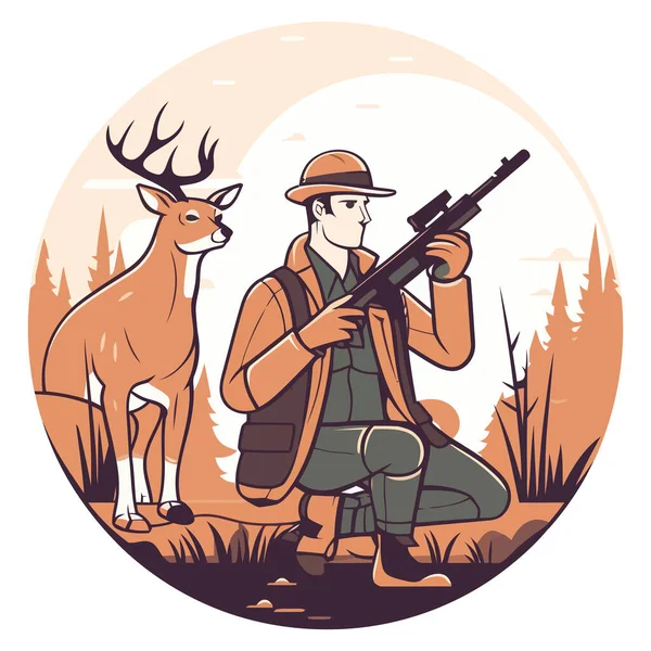Jäger Zielt Mit Gewehr Auf Rehe Wald — Stockvektor