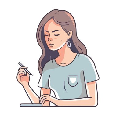 Modern ofis masasında oturan genç iş kadını izole edilmiş.