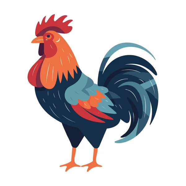 Multi Colored Rooster Standing Grassy Backdrop Icon Isolated — Stock Vector
