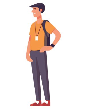 Sırt çantasındaki ikonla gülümseyen bir işadamı.