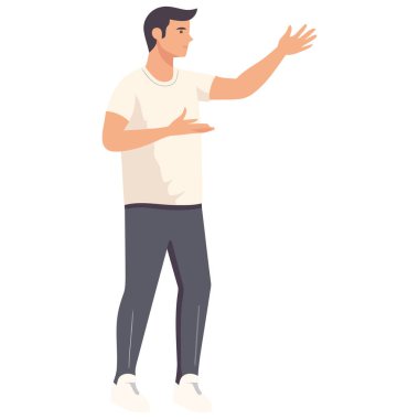 Genç adam başarı içinde duruyor, işaret eden mutluluk simgesi izole edilmiş