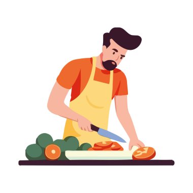 Şef taze sebzelerle sağlıklı yemek hazırlıyor. izole