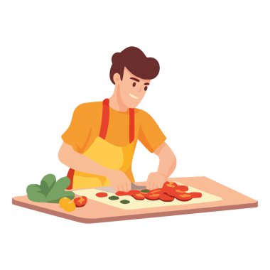 Şef sağlıklı yemek için taze sebze kesiyor. izole