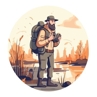 Bir kişi, sırt çantalı. Alan simgesinde duruyor.