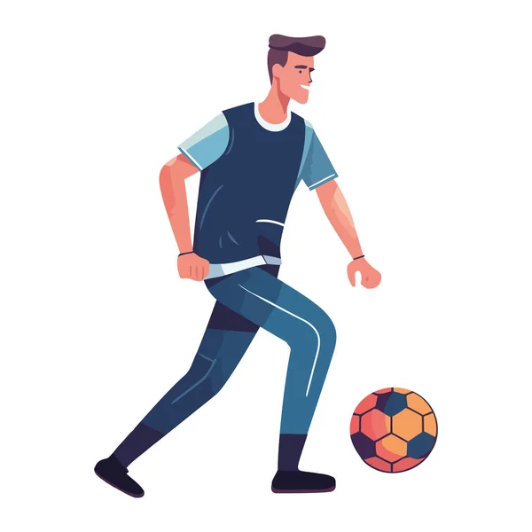 Man Blå Skjortor Sparka Fotboll Leende Ikon Isolerad — Stock vektor