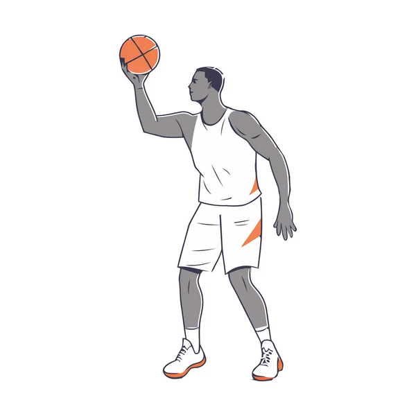 Giocatore Basket Muscolare Lanciando Palla Icona Cerchio Isolato — Vettoriale Stock
