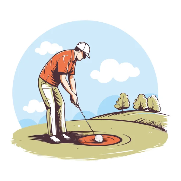 ゴルファーはボールに当たり 緑色のアイコンが孤立して成功を見つける — ストックベクタ