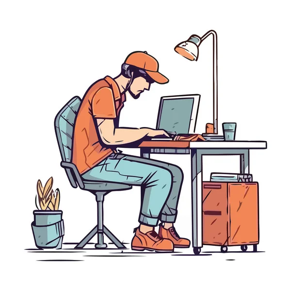 Άνθρωπος Κάθεται Στο Γραφείο Εργάζονται Εικονίδιο Υπολογιστή Απομονωμένο — Διανυσματικό Αρχείο